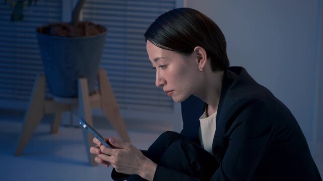 暗い中でスマホを操作する女性