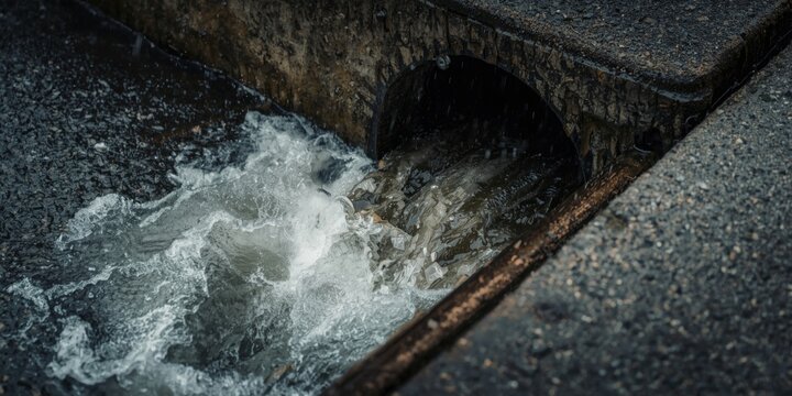 Storm water rapidly exiting a clogged drainage pipe after heavy rainfall