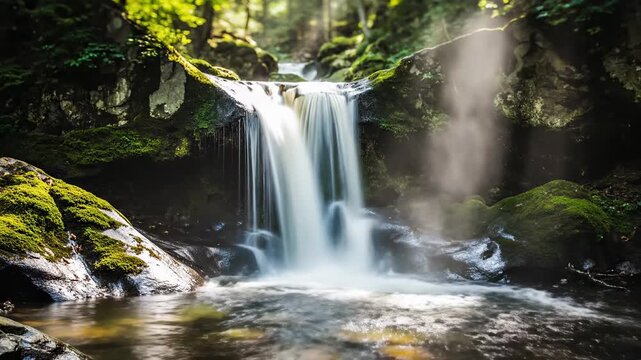 Waterfall flows over rocks in a forest with sunlight shining on trees and water