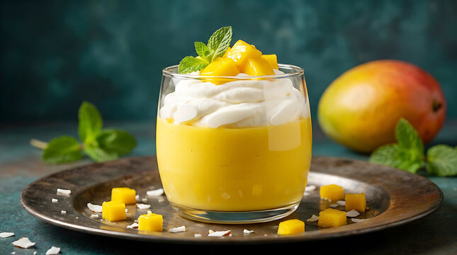 Fresh Mango Pudding Dessert With Whipped Cream And Mint Leaves In Glass Cup