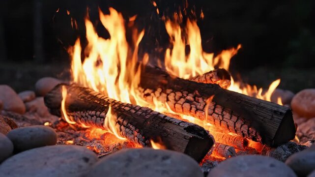 Campfire burns brightly under the night sky with logs and stones in the foreground