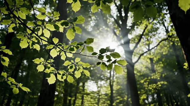 Sunlight shining through green leaves in a forest during daytime
