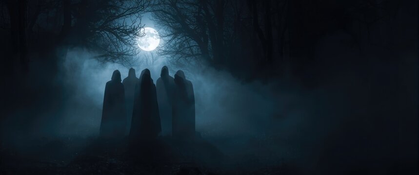 Figures in cloaks standing in a foggy moonlit forest
