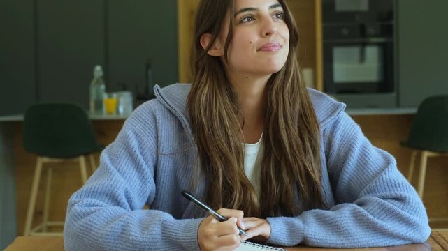 Happy young student sitting at a table, writing her thoughts, plans, or diary entries in a notebook, smiling as she finds inspiration and expresses her creativity in her modern home