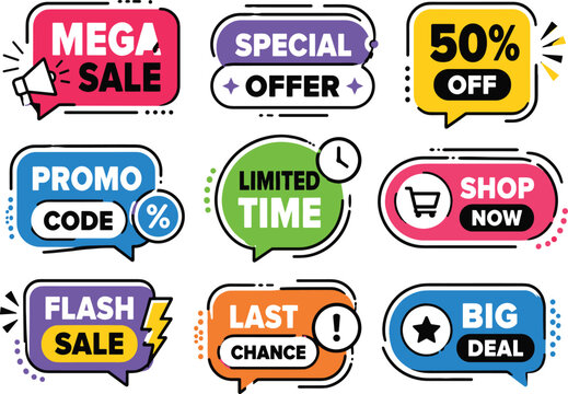 Set of nine modern speech bubble shaped promotion and discount tags on transparent background.