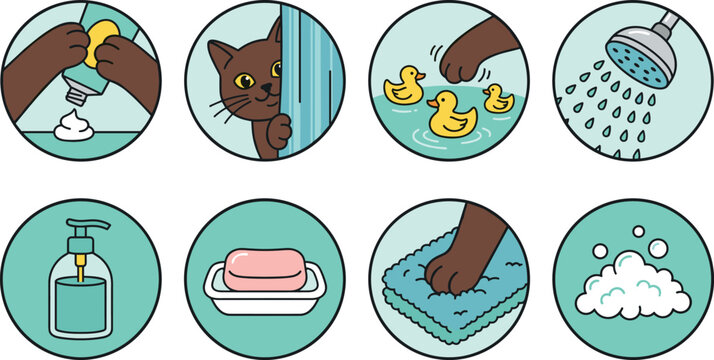 Cat Bath Time and Pet Grooming Circular Vector Icon Set Featuring Peeking Kitten, Shampoo Tube, Rubber Ducks, Shower Head, Soap, and Sponge Elements