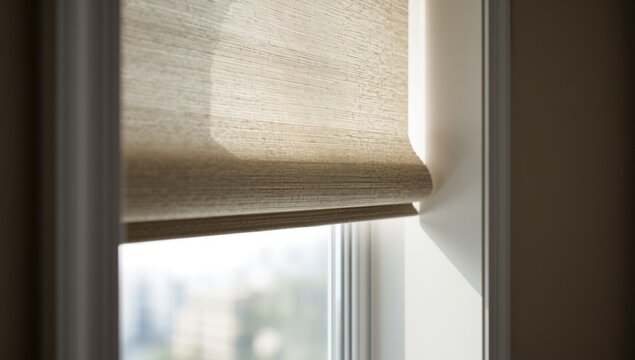 Interior window with detailed double roller shades close up