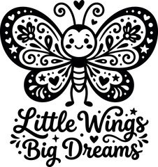 Decorative butterfly illustration with ornate wings and a smiling face black and white silhouette insect lepidoptera monochrome vector graphic design art drawing pattern isolated whimsical © Tahmina