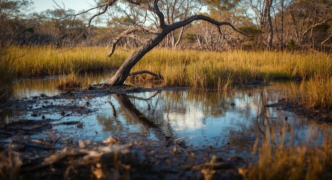 Wetland landscape featuring natural tar pit with reflective water puddles amid tall grass and scattered trees