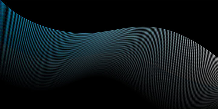 Abstract background with flowing wavy geometric lines in light blue and white gradients over a solid black backdrop. modern desain