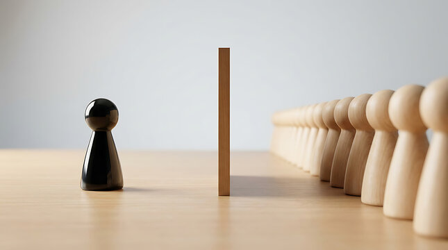 One Black Wooden Figure Standing Alone Facing A Large Group Of White Figures Concept
