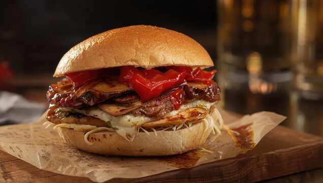 Tempting grilled chicken sandwich layered with roasted red peppers, balsamic coated portobello mushrooms and creamy provolone cheese
