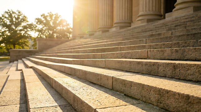 Grand Stone Steps Leading To Classical Architecture Building With Sunlight And Columns