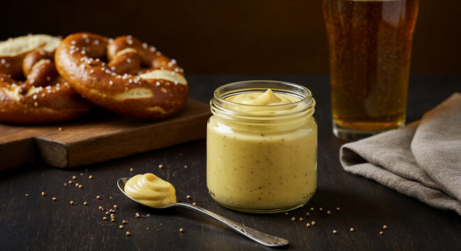 a small rustic jar of creamy mustard & beer mayo 