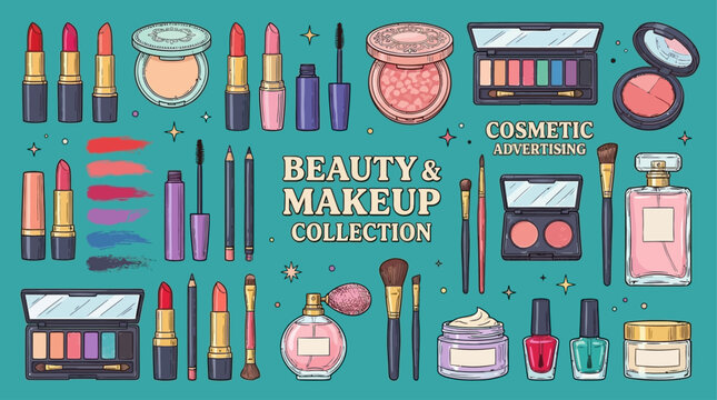 Top view collection of vibrant cosmetics and skincare items including lipstick, brush, and eyeshadow palette neatly organized on a bright teal surface for beauty concept.