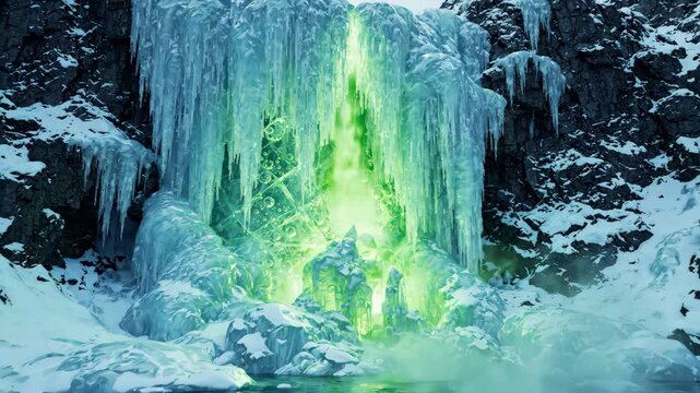 Frozen Waterfall with Glowing Green Ice in Snowy Forest Scene.