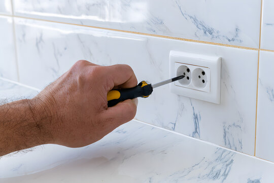 Installing a receptacle socket on a kitchen wall, with the assistance of a screwdriver for home improvements, electrical work, and power connection during a rental property repair