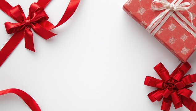 Red wrapped gift box with ribbons on a white background