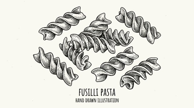 Artistic handdrawn line art illustration featuring dry fusilli pasta pieces in an intricate black ink sketch style minimalist food doodle for culinary design isolated organic spiral pasta