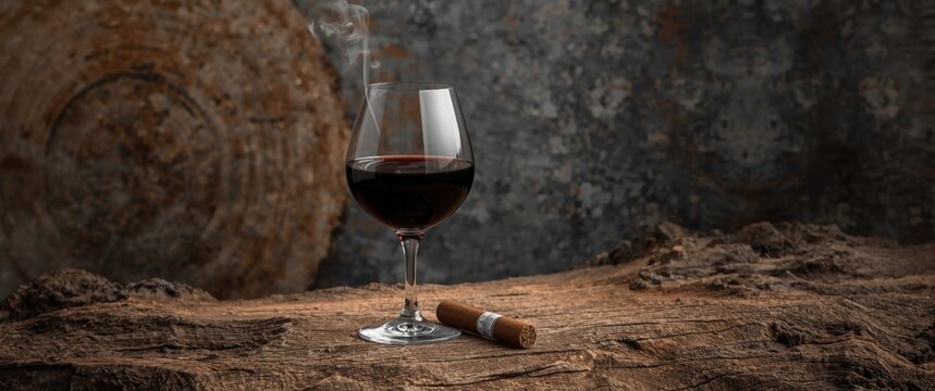 Elegant port wine glass accompanied by cigar on rough wood and stone background with copy space