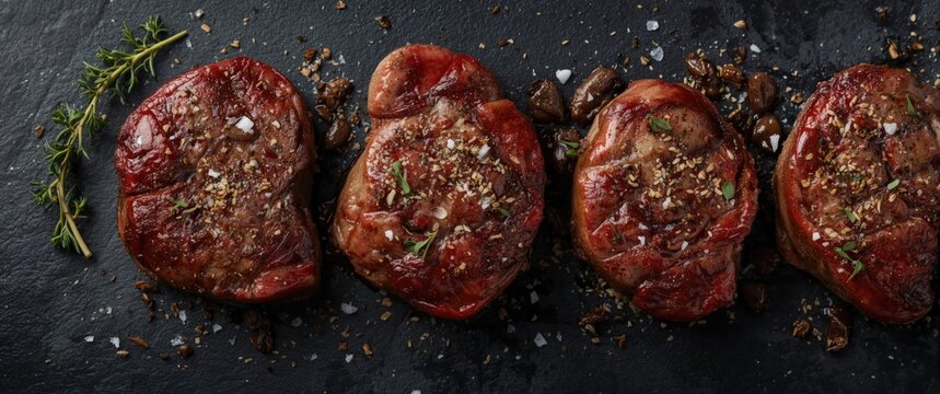 Overhead shot of four dry-aged ribeye steaks with herbs sprinkled and black salt on dark surface with copy space