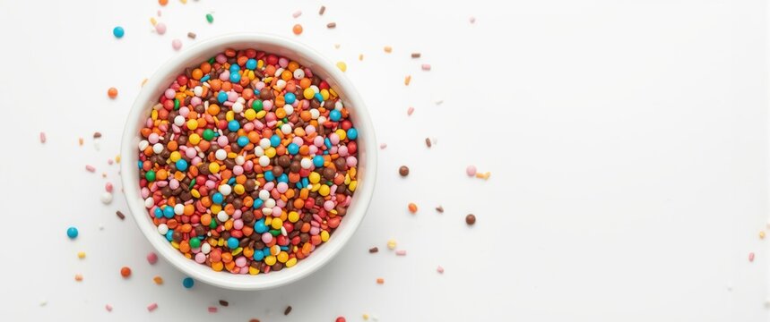 white bowl filled with assorted chocolate sprinkles in bright colors isolated on clean white surface