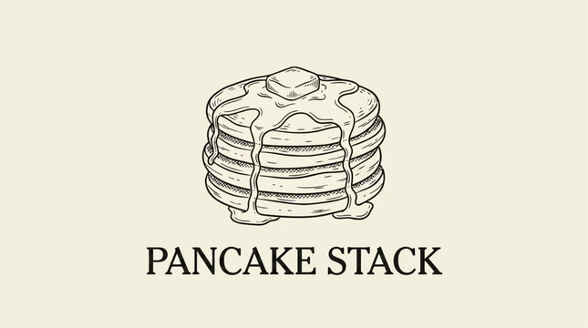 Minimalist hand drawn vintage line art icon of a tall breakfast pancake stack topped with a melting pat of butter, elegant retro sketch illustration isolated for menu design and culinary branding.