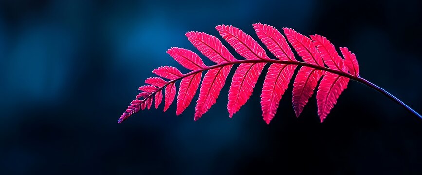 Radiant pink fern against a blurred, dark blue and black background