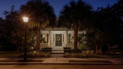 Fototapeta premium House front illuminated by streetlight showcasing palms, white columns, and a neat sidewalk to garage