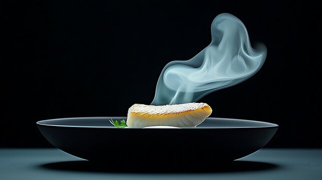 Steaming fish fillet on a dark bowl