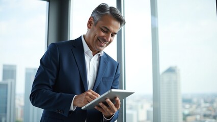 Fototapeta premium Confident Senior Indian Entrepreneur Reviewing Financial Data on Tablet in Modern Office