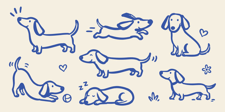 Dachshund Dogs Doodle Set Vector Illustration