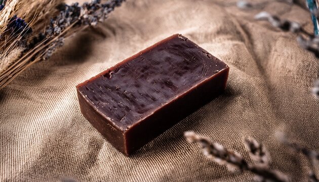dark brown patchouli soap bar on rough linen with dried flowers rustic texture