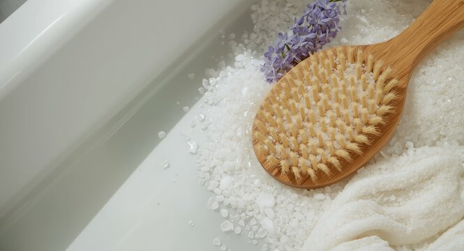 Natural body care setup featuring Epsom salt bath and wooden foot massage brush for wellness and beauty