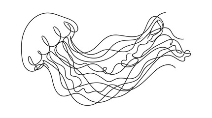 Continuous line drawing of a jellyfish with flowing tentacles, minimalist art, isolated on white background © islamic