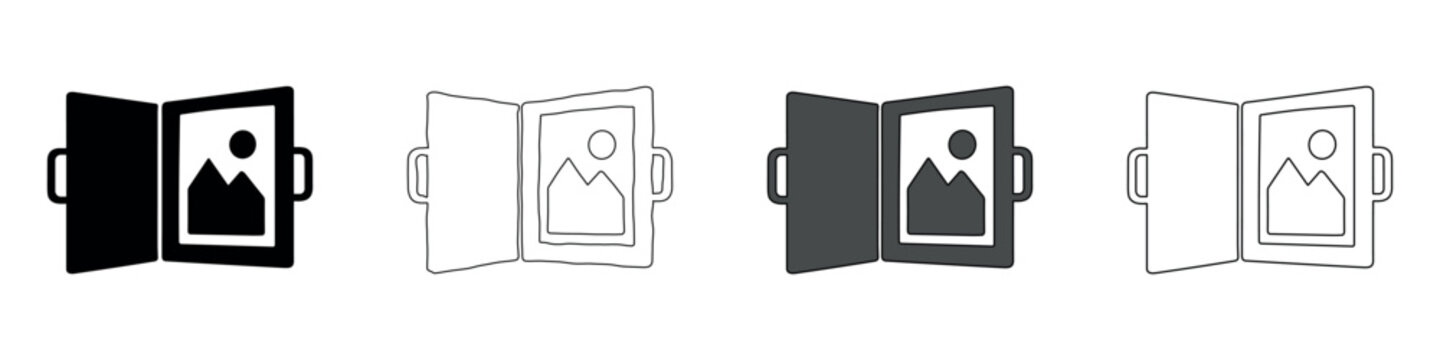 Open portfolio book with landscape image and handles, presented in four icon styles