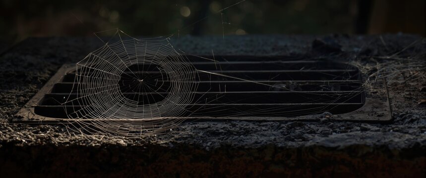 Old roof vent grille entangled with a delicate spider web in natural light
