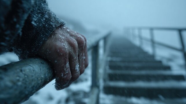 Freezing hand covered in snow gripping an icy metal railing on outdoor stairs during winter