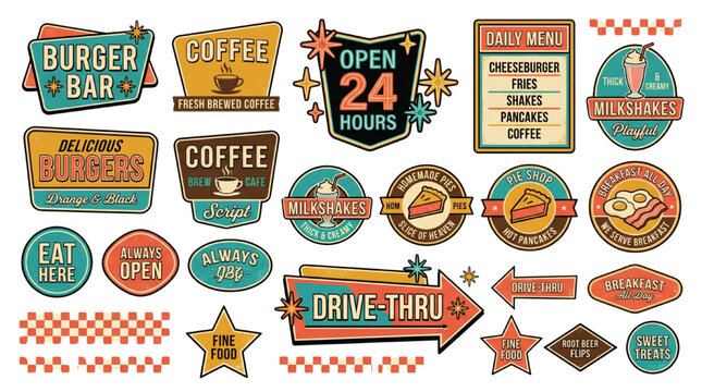 Set of vintage retro diner labels and stickers featuring burger bar coffee and drive-thru signage in mid-century style for cafe menu design
