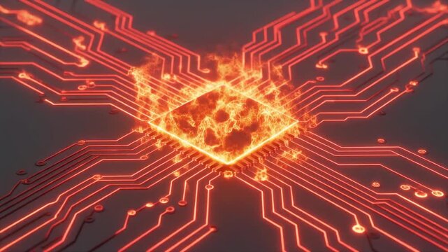 燃え盛る炎の3D幾何学構造へと変化するミニマルな回路基板の設計図