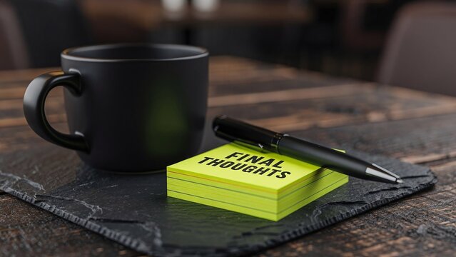 Black coffee mug, final thoughts sticky notes, and a sleek black pen resting on a dark slate coaster, symbolizing end-of-project reflections, planning, and important business decisions.