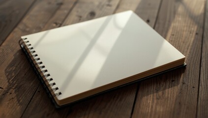 Fototapeta premium Blank spiral notebook on wooden table with sunlight shadows