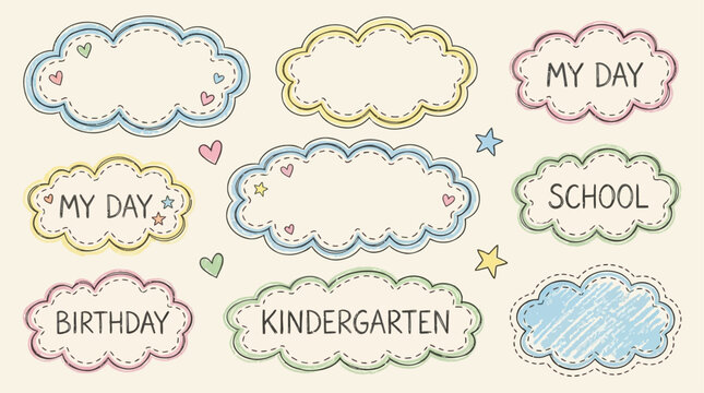 Large collection of fluffy white cloud frame borders for primary school classroom kindergarten student child birthday invitation background design elements with a soft ethereal aesthetic.