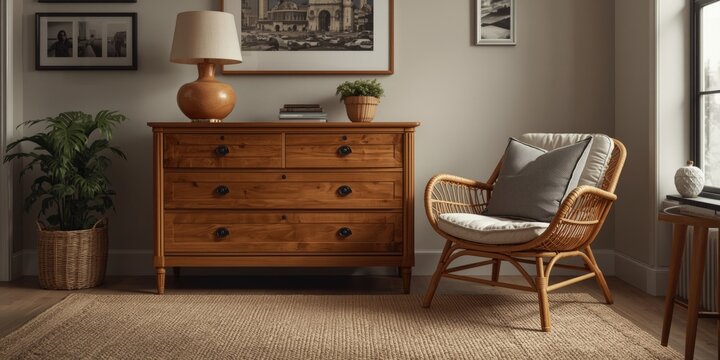 Wooden commode and wicker armchair in living room designed for easy relaxation