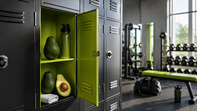 Open gym locker filled with fresh avocados, surreal fitness nutrition concept