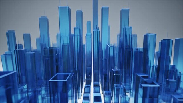 平面的な青い図面から自己構築していくモダンなガラス張りの超高層ビル