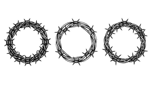 Circular barbed wire frames set isolated on white background, round border design elements for prison, border security, or danger concept