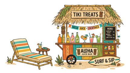 Tropical beach tiki bar vector illustration, aloha juice bar cart with cocktails, fresh juice bottles, and sun lounger chair on sand. © Hosen