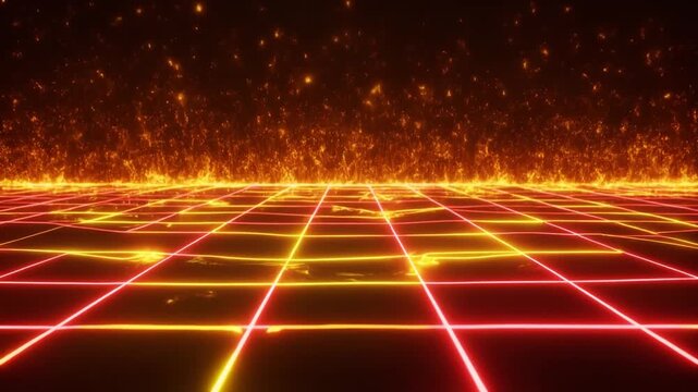 燃える幾何学グリッドから立ち昇る熱エネルギーと小さな火の粉