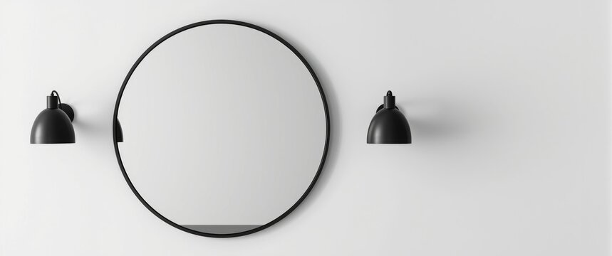 Minimalist round mirror with black frame hung on white wall accompanied by black lamps